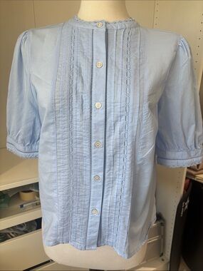 Time and Tru Light Blue Pintuck Lace Front Button Blouse